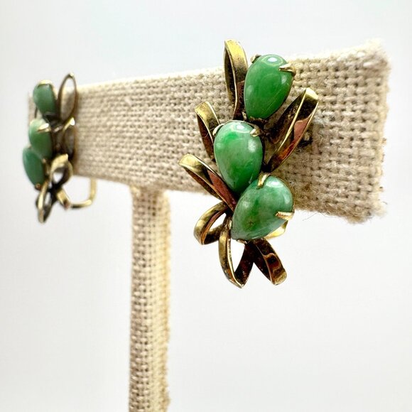 Antique 14k Yellow Gold Jade Earrings Pear Shape Leaf Branch Design Screw Backs - Picture 6 of 10